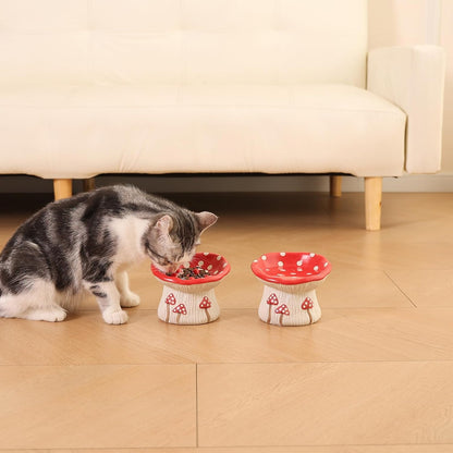 Ceramic Cat Slow Feeder, Cute Mushroom Shape Elevated Food Bowl, Shallow Raised Cat Dish, Anti Vomiting Whisker Fatigue Bowls
