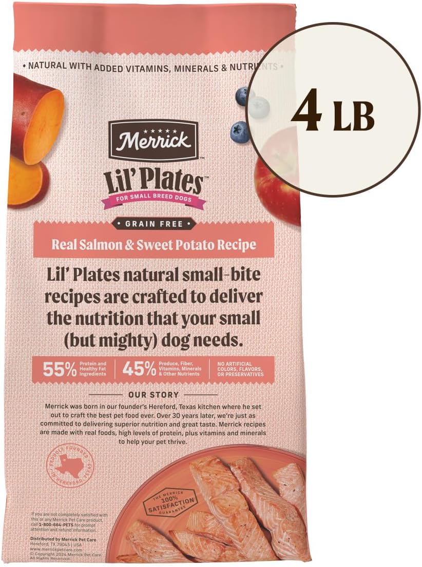 Merrick Lil’ Plates Premium Grain Free Dry Dog Food for Small Dogs, Real Salmon and Sweet Potato Kibble - 4.0 lb. Bag