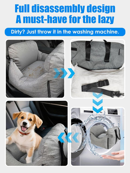 Small Dog Car Seat - Portable Booster carseat with Harness,Detachable Washable Dog Booster Seat Under 19lbs Fits Front & Rear Seats, Soft Pet Car Bed with Storage Pockets and Safety Belt for Travel.