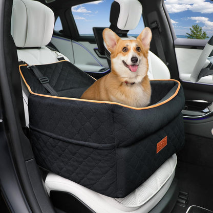 Dog Car Seat for Small Medium Dogs, Memory Foam Dog Booster Car Seat for Pets Under 35 lbs, Anti-Slip Pet Carseat with 2 Adjustable Leashes, Elevated Dog Travel Bed with Storage Pockets