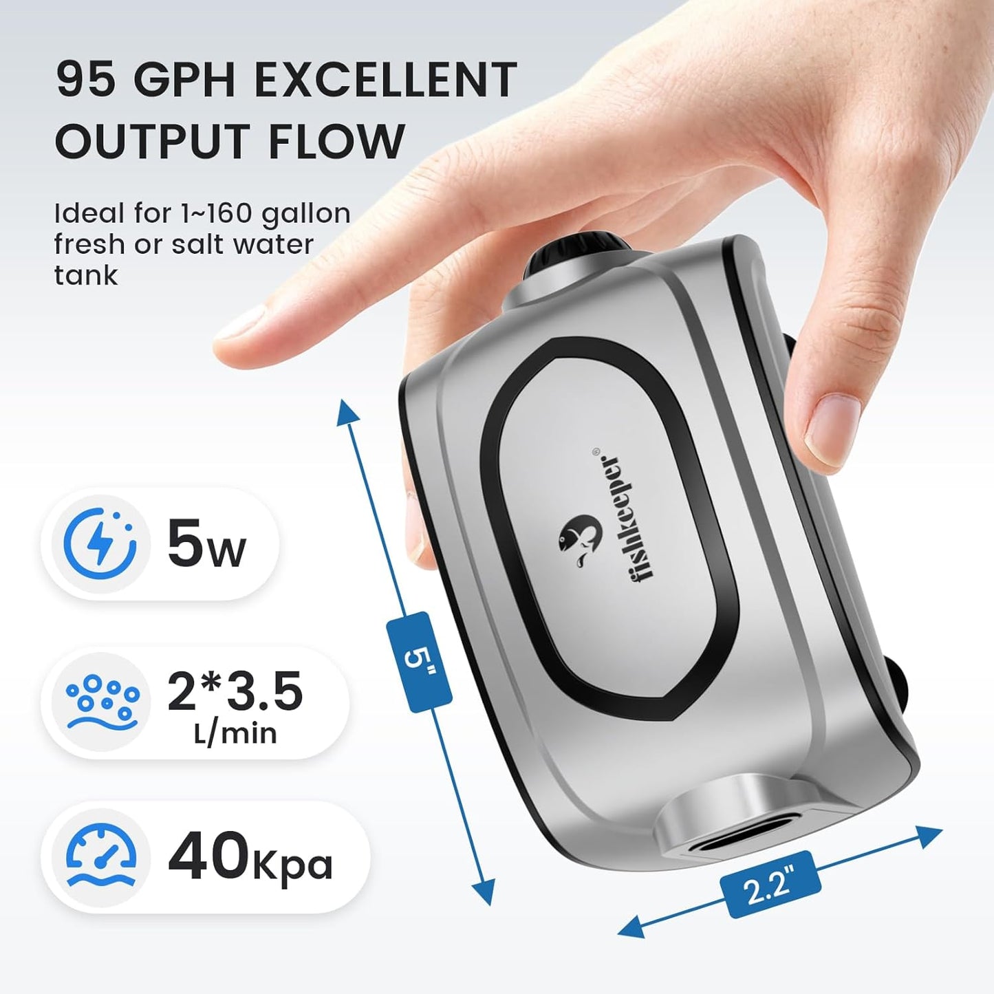 fishkeeper Quiet 3W/5W Aquarium Air Pump - Small & Powerful Dual Outlet Fish Tank Air Pump, Adjustable Oxygen Aerator Pump with Air Stone Bubbler Kits for 1-160Gal Fish Tanks (Silver-Gray, 2025 New)