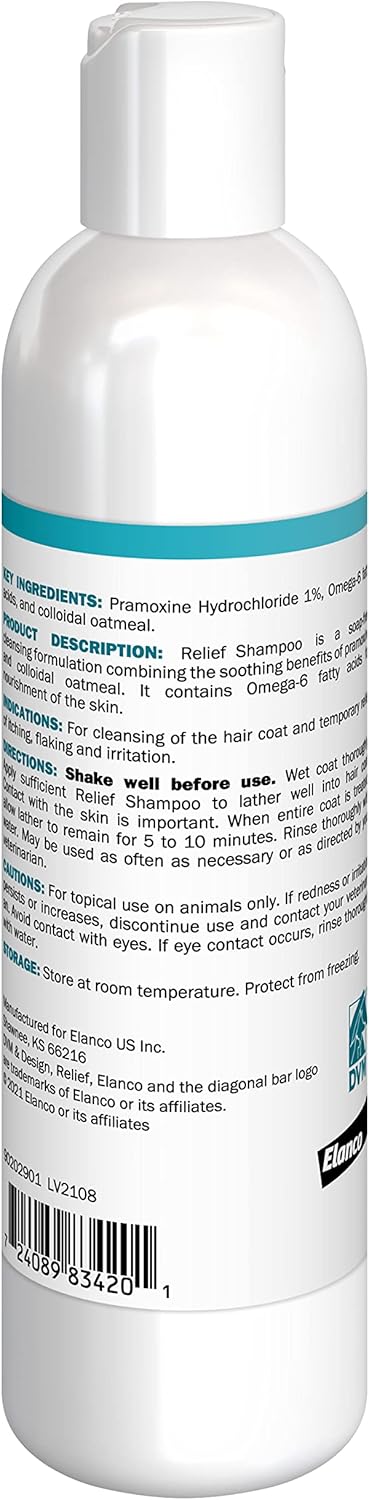 Elanco Relief Shampoo, temporary relief of itching and flaking, moisturizer for dry skin and coat, for dogs, cats and horses, 8 oz