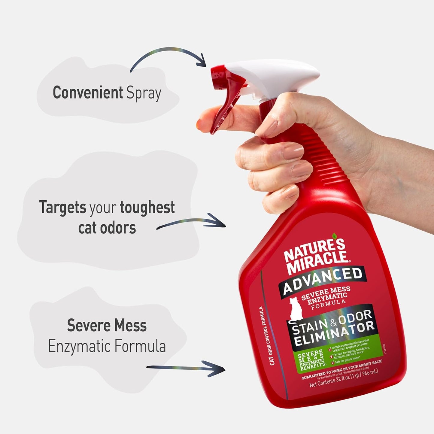 Nature's Miracle Advanced Cat Stain and Odor Eliminator Spray, Severe Mess Enzymatic Formula, 32 fl oz