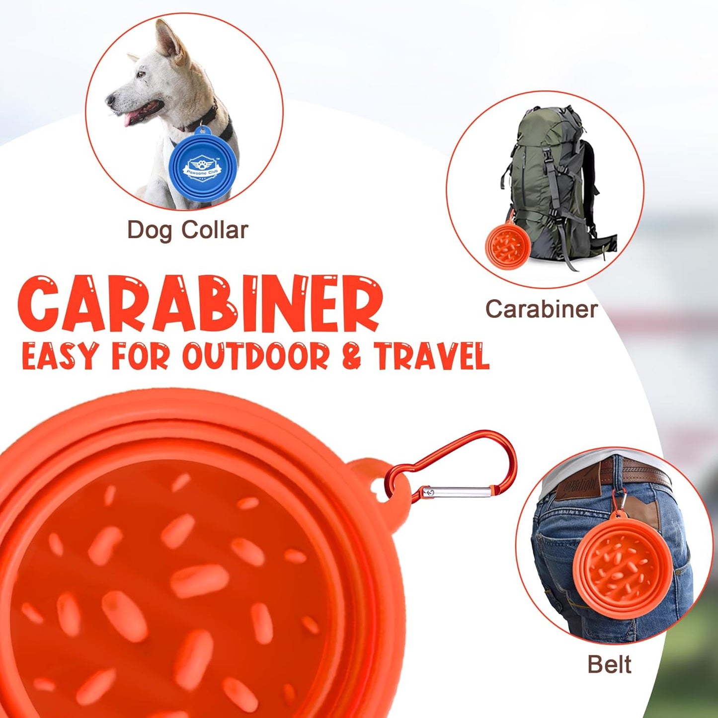 Large Collapsible Dog Bowls (34oz), 1 Pack Pet Travel Foldable Bowl and Slow Feeding Frisbee with Carabiners, Healthy, Soft Silicone, Portable Essential Set for Walking, Travel, and Hiking (Orange)