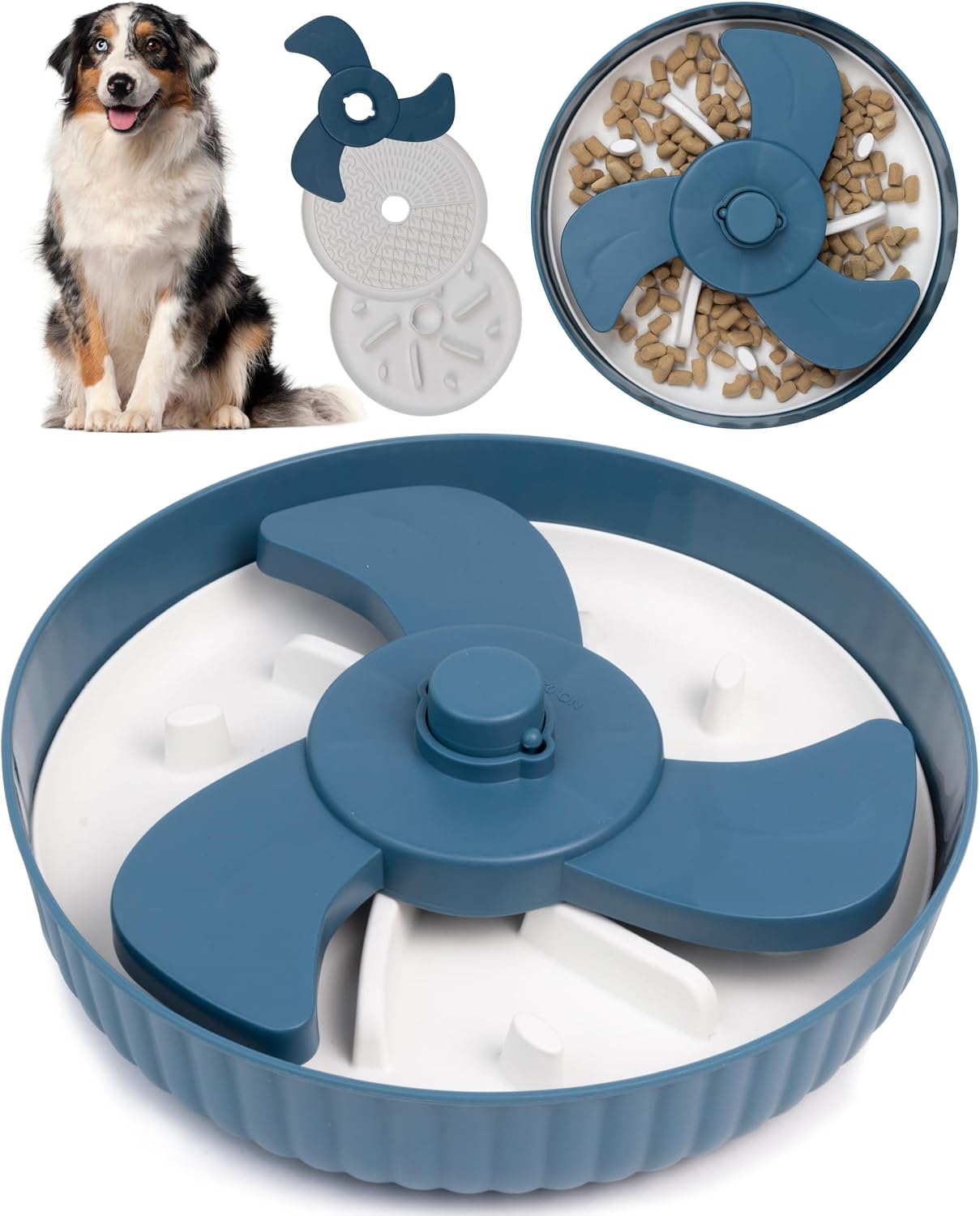MalsiPree Spinning Slow Feeder Dog Bowl, Anti-Choke Non-Slip Feeding for Small & Large Breeds with 2 Puzzle Mats, Blue - Dog Bowls - Puzzle Feeder - Slow Feeders