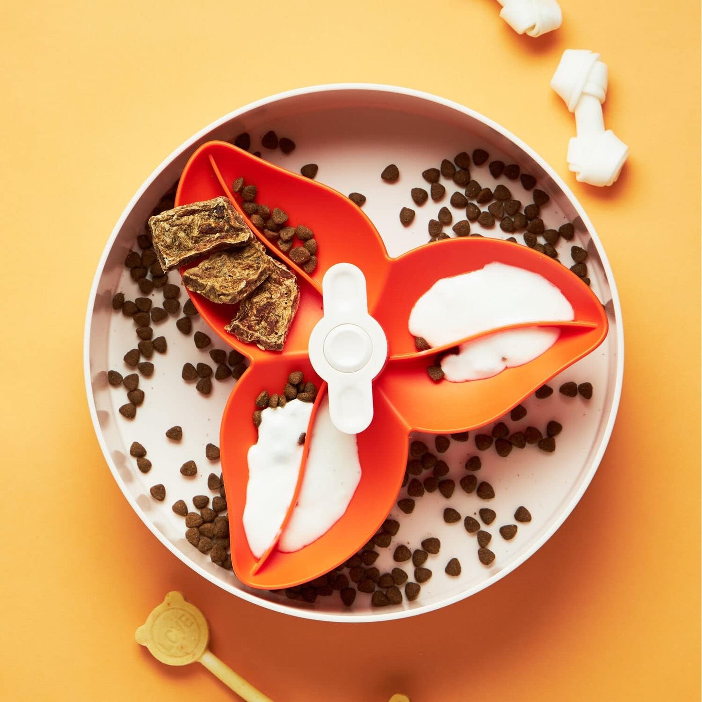 PetDreamHouse Spin Slow Feeder Bowl for Dogs, Interactive Moving Center Piece, Bougainvillea Design Orange, Level = Easy