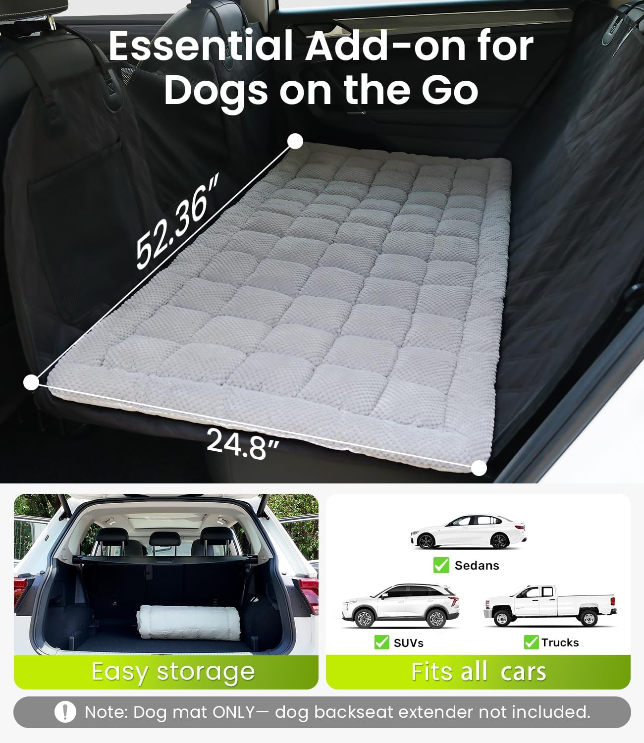 Zanch Thick Supportive Dog Car Bed for Car Backseat, Soft Non-Slip Travel Car Blanket Seat Cover with Joint Protection, Fits SUVs, Trucks & Backseat Extenders [Grey, 52.36"×24.8"]