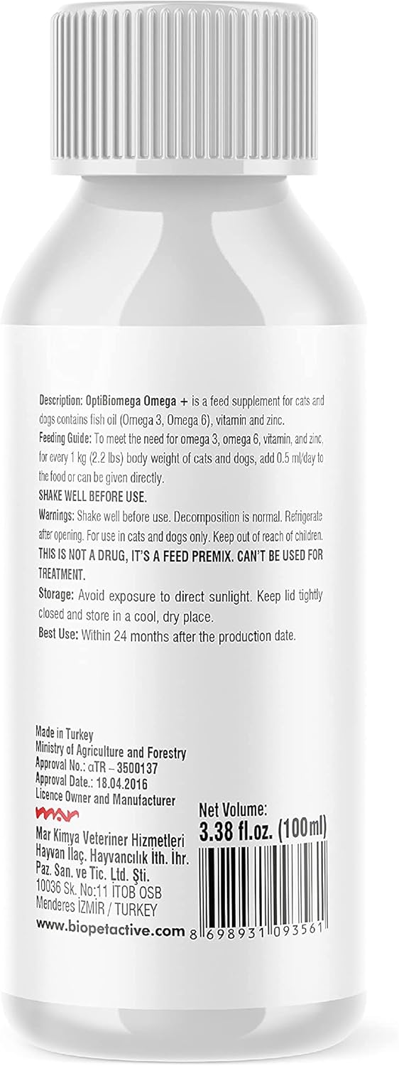 OptiBiomega Fish Oil for Dogs & Cats, Vitamins & Supplements Skin and Coat, Zinc, Omega 3 & Omega 6 Fatty Acids Support Immune Supplement, 3.38 fl oz