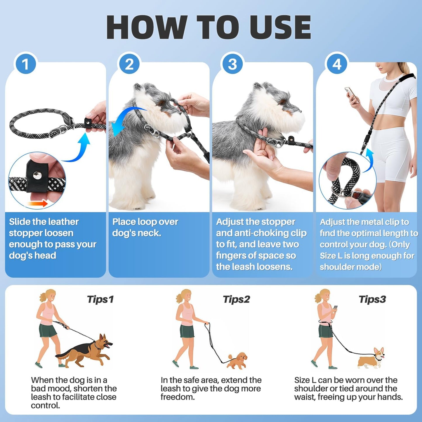 Lukovee Slip Lead Dog Leash, 4-6 FT x 1/2" Adjustable Tangle Free Leash, Heavy Duty Comfortable Reflective No Pull Training Rope Lead with Padded Handle for Medium Large Dogs (Black, S: 4-6 FT)