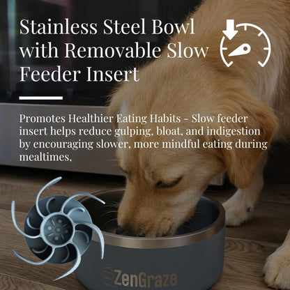 Slow Feeder Dog Bowl with Premium Lick Mat Lid | Heavy Duty Stainless Steel Dog Bowls | Silicone Slow Feeder Insert | Non-Slip & Durable | 64 oz | Medium to XL Dogs (Steel Gray)