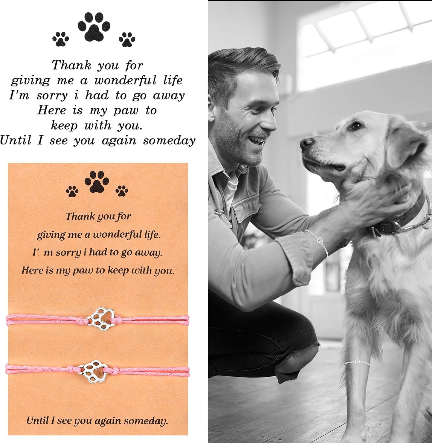 TIESOME 2pcs Pet Death Memorial Gift Bracelet, Pink Dog Paw Print Bracelet Gift Paw Memorial Furry Friends