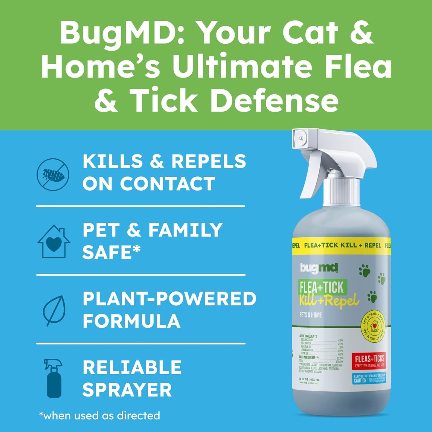 BugMD Pet Safe Flea Spray for Cats & Home | Natural Indoor Flea Killer & Tick Prevention | Plant-Based Flea Treatment for Carpet, Furniture & Cat Trees with Essential Oils