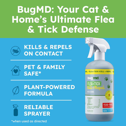 BugMD Pet Safe Flea Spray for Cats & Home | Natural Indoor Flea Killer & Tick Prevention | Plant-Based Flea Treatment for Carpet, Furniture & Cat Trees with Essential Oils