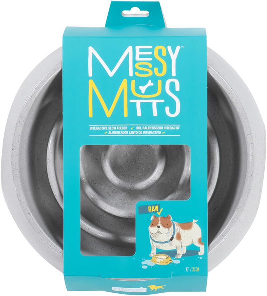 Messy Mutts and Cats Interactive Slow Feeder | Speckled Grey (3 Cup) | 9.8” Round Durable Puzzle Slow Feeder for Dogs/Cats | Enrichment Food Dish for Slow Eating, Bloating