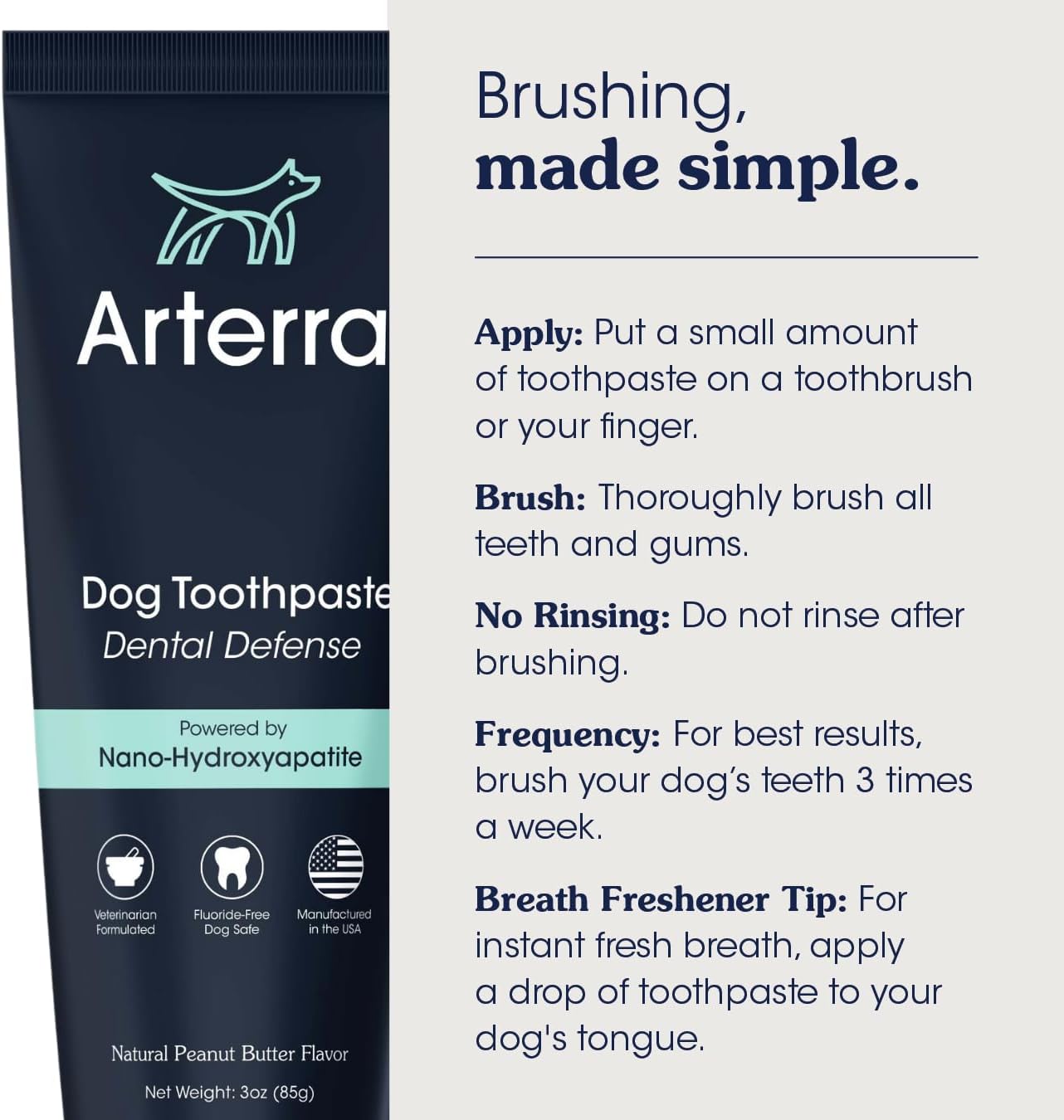 Remineralizing Dog Toothpaste – Vet-Grade, with Nano-Hydroxyapatite, Reverses Early-Stage Decay, Cleans Teeth, Reduces Tartar, Freshens Breath by Arterra Pet Science, Plant-Based, Natural Flavor, 3oz