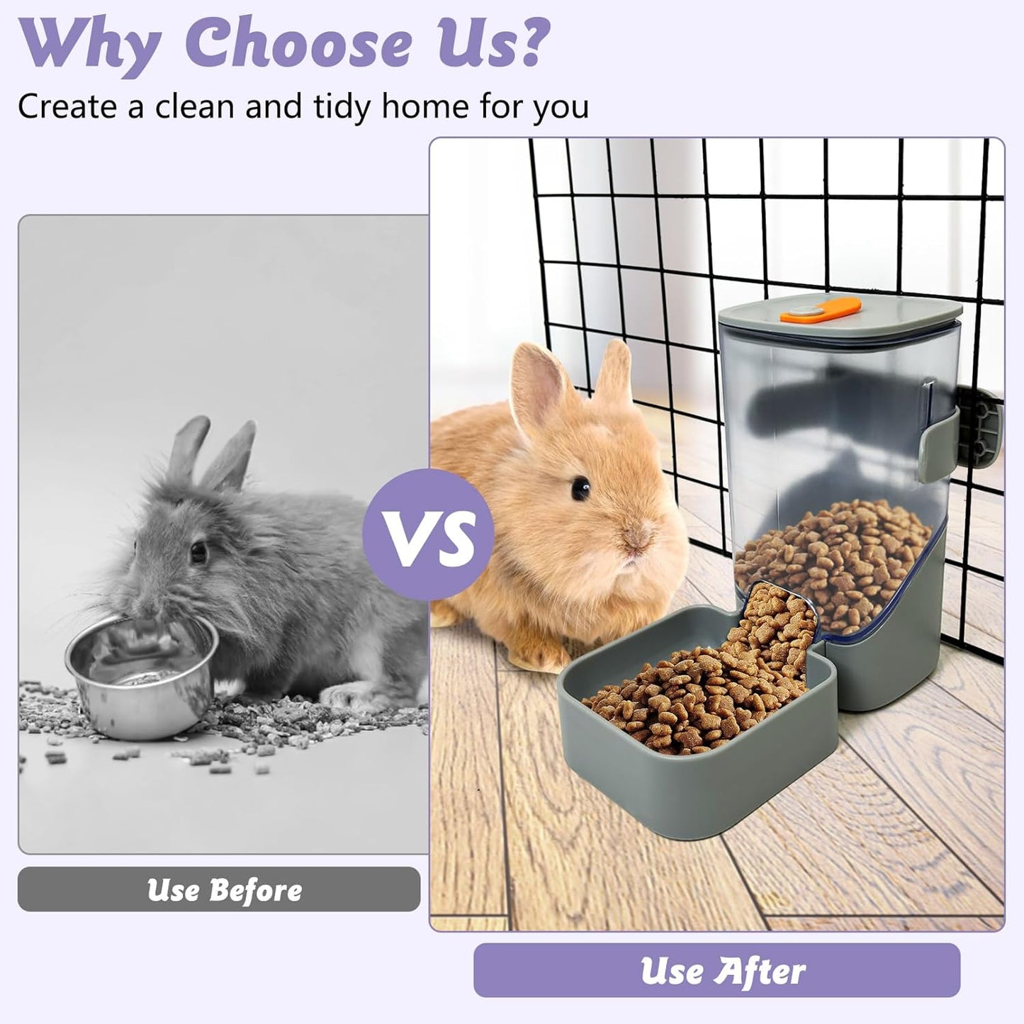 34oz Automatic Rabbit Food Dispenser for Cage Hanging Guinea Pig Feeder No Drip Bunny Food Bowl for Ferret Rat Hamster Chinchilla and Other Small Animals (Gray)