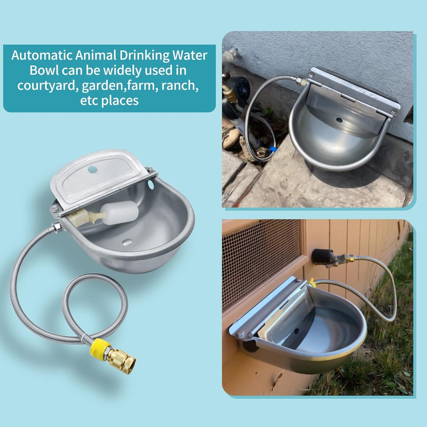 Automatic Animal Drinking Water Bowl, 304 Stainless Steel Waterer for Dog Horse Goat Pig Cow, Livestock Water Trough Dispenser with Pipe Hose, 2 Float Valves, Quick Connecter, Expansion Bolt