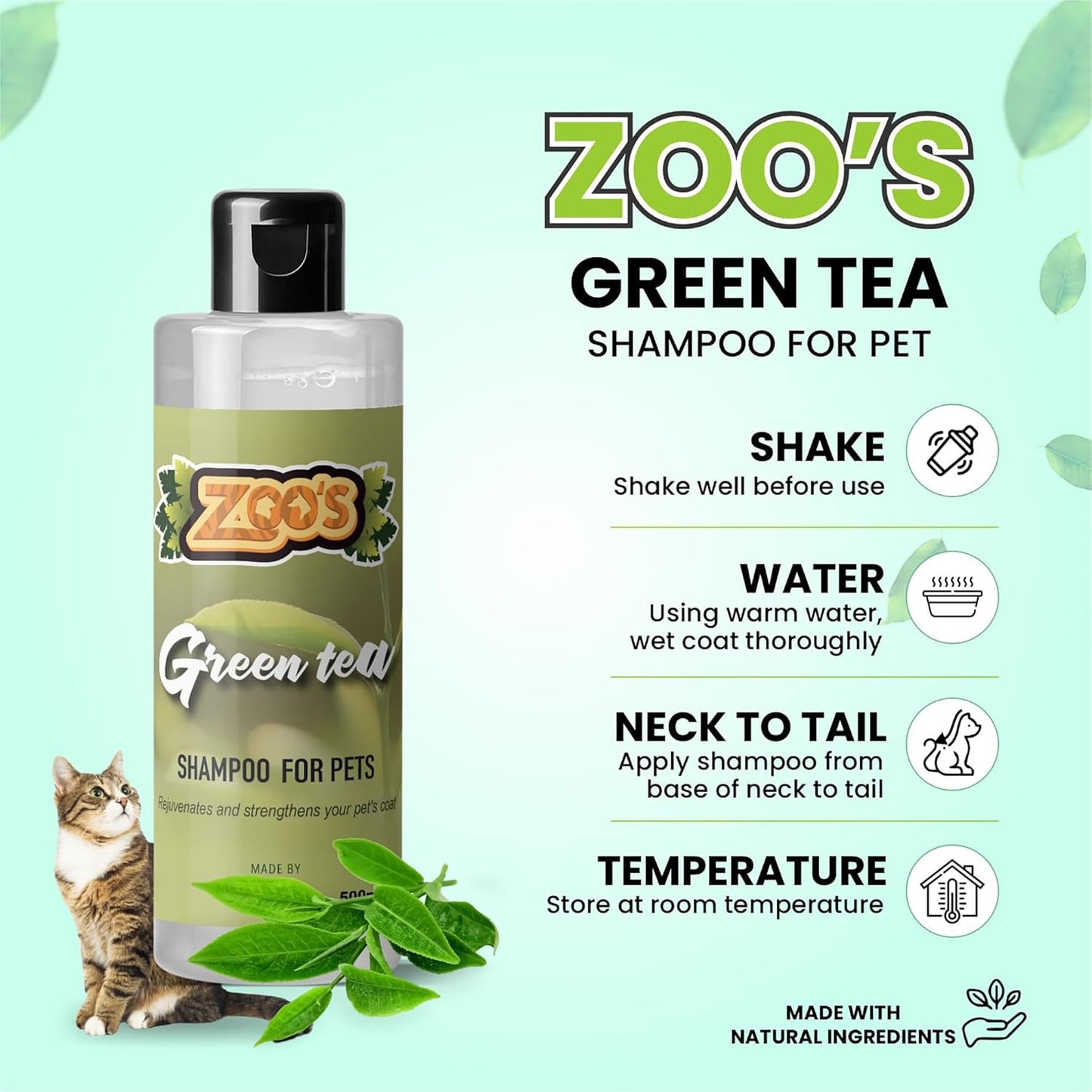 Zoo’s Pet Dog Shampoo Green Tea for Cats and Pets Vitamins E and C Nourish Skin, Promote Growth of Soft Lustrous Fur - 500ml