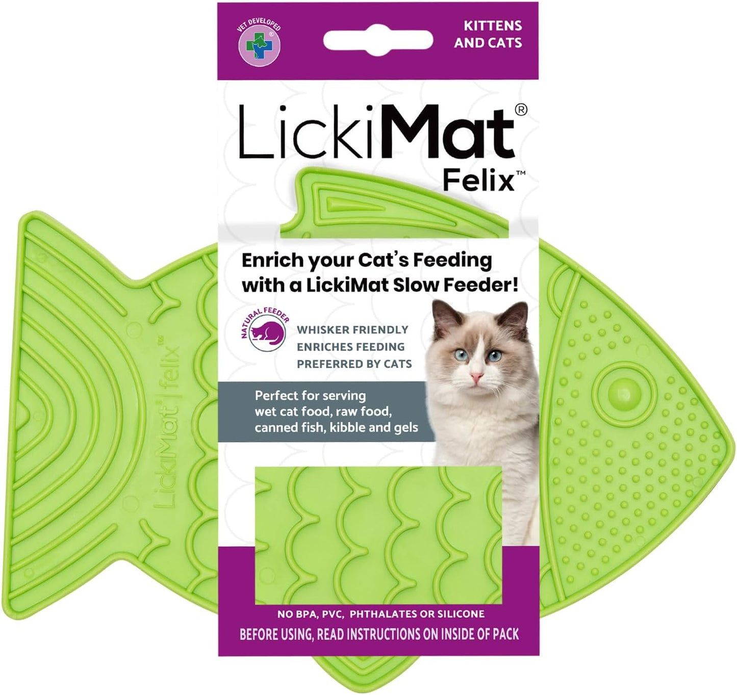 LickiMat Felix, Fish-Shaped Cat Slow Feeders Lick Mat, Boredom Anxiety Reducer; Perfect for Food, Treats, Yogurt, or Peanut Butter. Fun Alternative to a Slow Feed Cat Bowl or Dish, Green