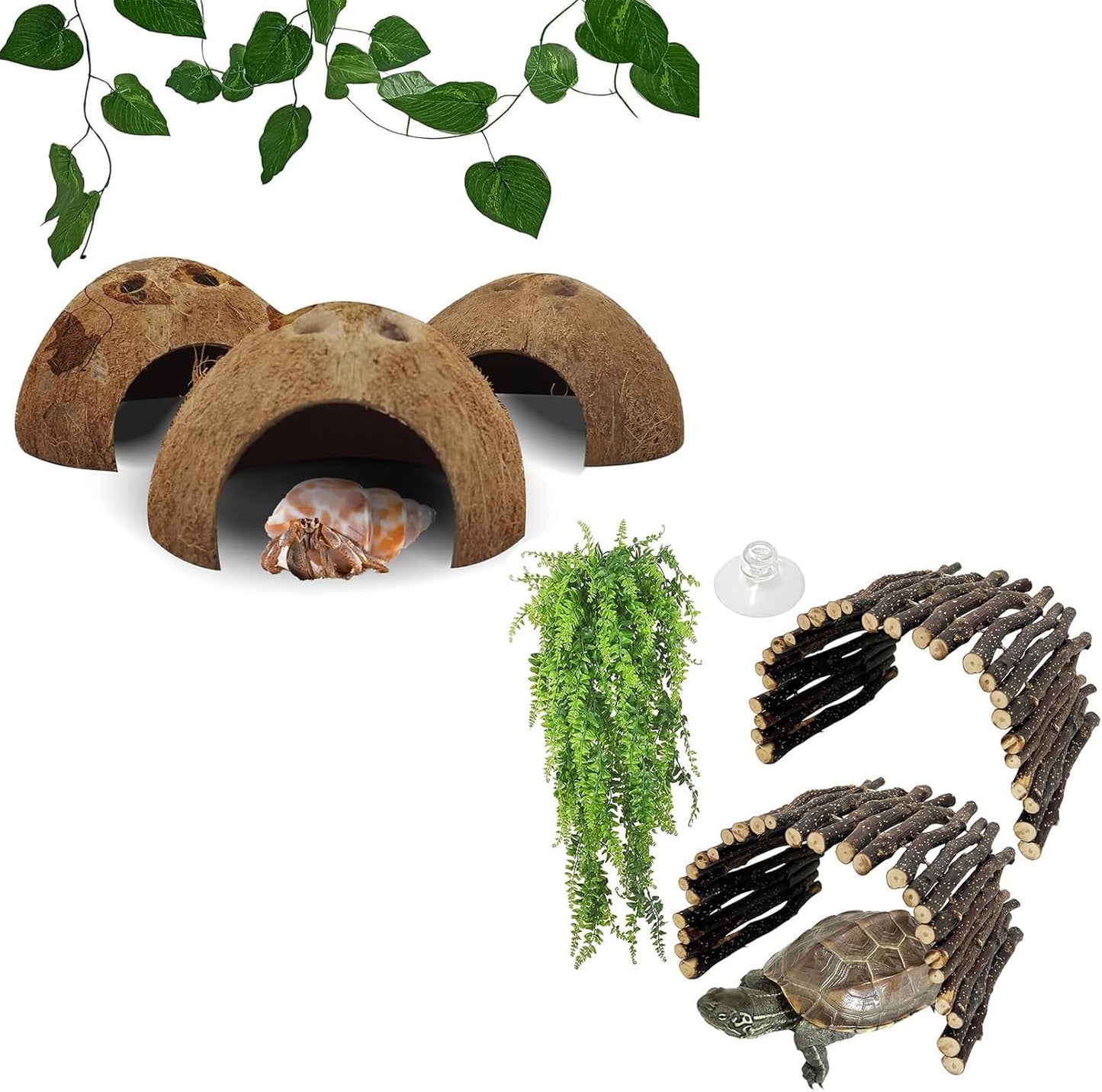 Hamiledyi Reptile Hideouts Natural Coconut Shells Hut Hermit Crab Climbing Toys and 3pcs Large Reptile Hides Bearded Dragon Hide Bendable Climbing Bridge for Snake Turtle Gecko Chameleon