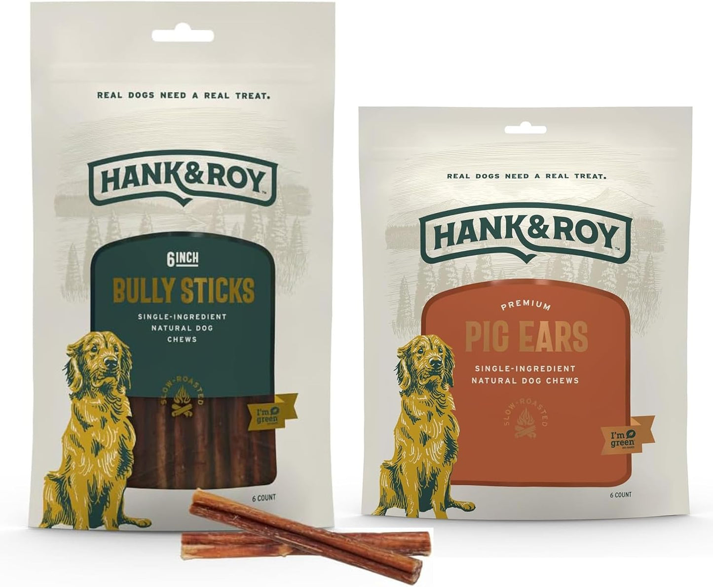 Hank & Roy All-Natural Pig Ears for Dogs + Dog Bully Sticks Bundle, 6 Pig Ears and 6 Bully Sticks, Long Lasting, Antibiotic and Hormone Free