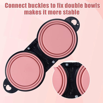SLSON Collapsible Dog Dual Bowls Reinforced Rim 180 Degrees Flip Over Foldable Double Bowl with Lock Clips More Stable Dog Travel Bowls Pet Food Water Feeder (Light Pink)