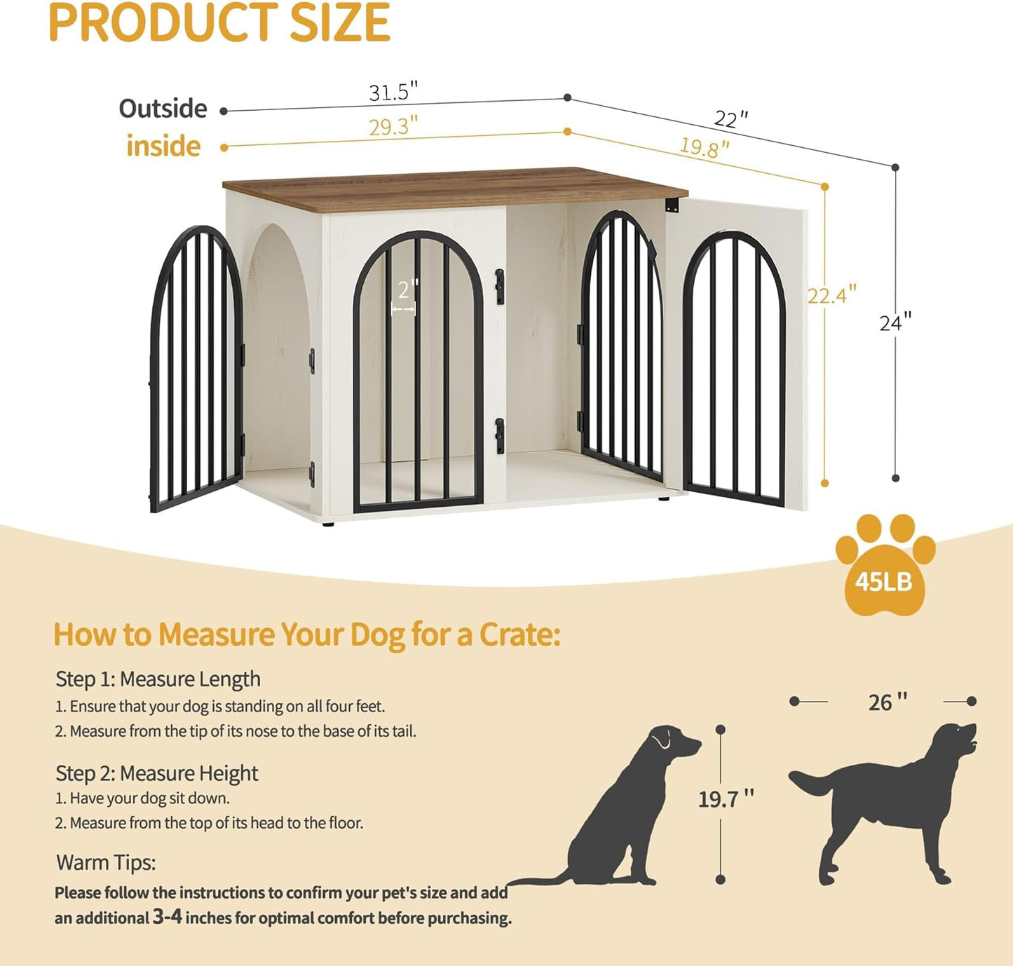 31.5'' Wooden Dog Crate Furniture, Indoor Dog Kennel Dogs Cage for Small/Medium Dogs, Heavy Duty Dog Crates Decorative Pet House End Side Table TV Stand, White Brown DFC85114B