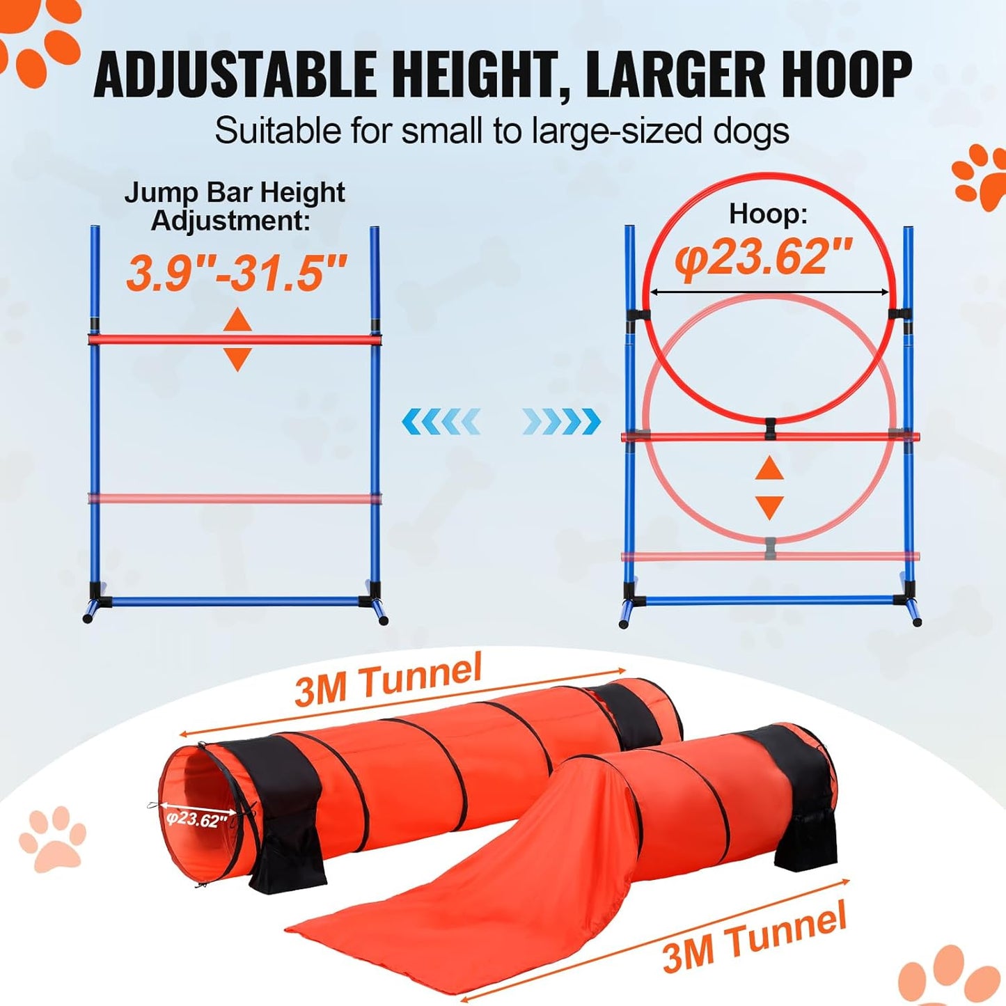 VEVOR Dog Agility Course Backyard Set, 13pcs Agility Training Equipment for Dogs, 2 Tunnels with Sandbags,Adjustable Hurdles,Weave Poles,Jump Ring,Pause Box, Puppy Obstacle Course Kit with Storage Bag