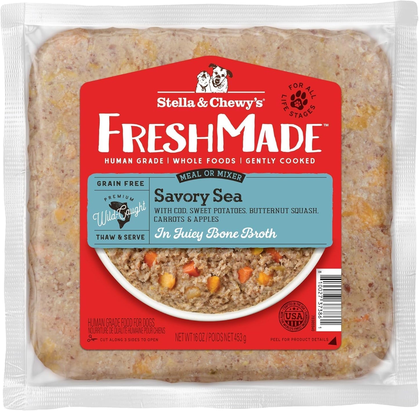 Stella & Chewy's FreshMade Frozen Fresh Grain-Free Savory Sea Dog Food, 16-oz Pouch (Pack of 4)