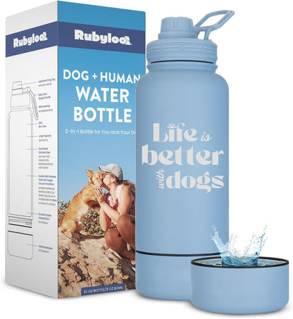 rubyloo Dog Mom Essentials Bundle - Puffer Tote with Storage Containers (Rust) and 32 oz Water Bottle with Detachable Bowl (Life is Better with Dogs) - Travel Bag and Hydration Set