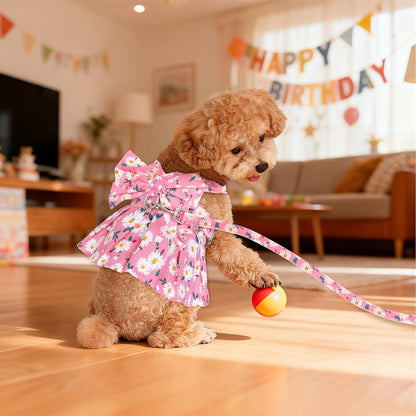 Dog Dress Bowknot Harness and Leash Set Adjustable Puppy Harness Mesh Vest Set Bow Knot Pet Clothes for Small Girl Dog Cat (X-Small, Pink)