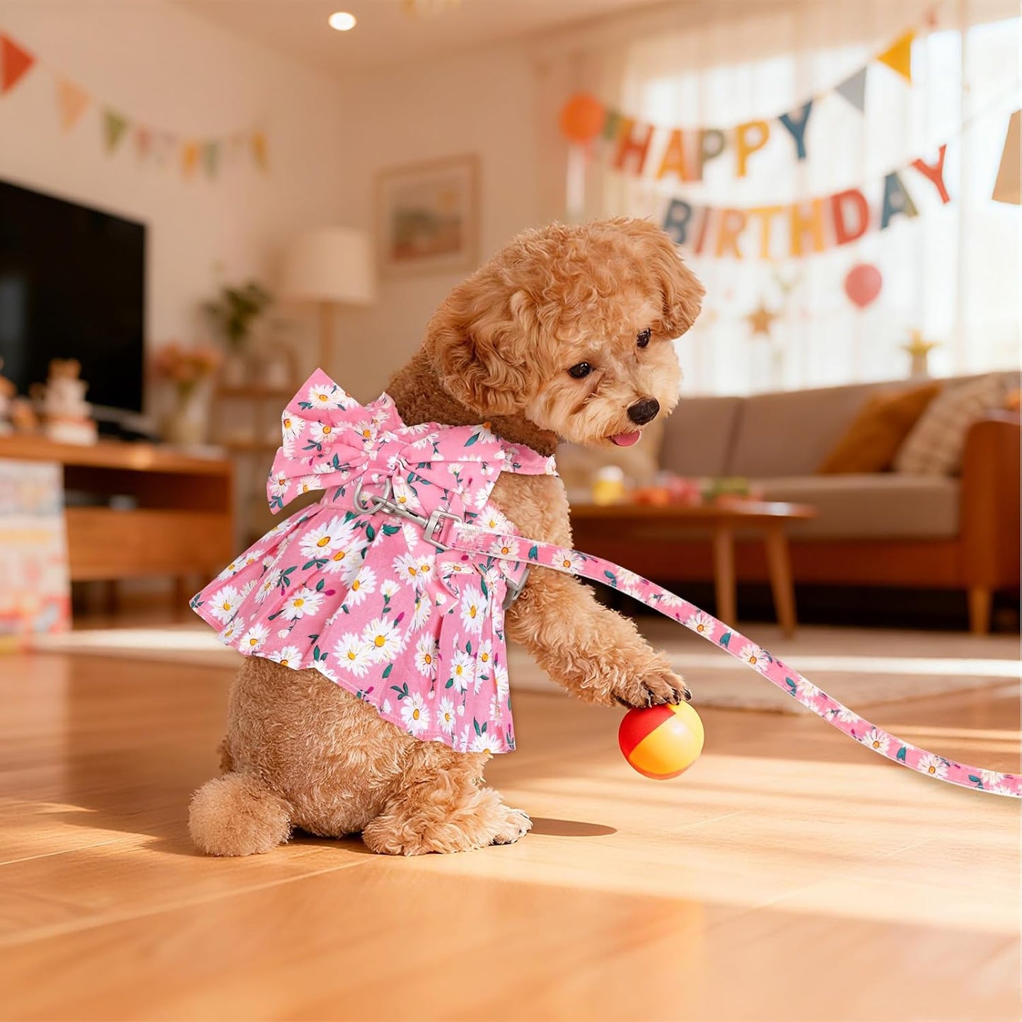 Dog Dress Bowknot Harness and Leash Set Adjustable Puppy Harness Mesh Vest Set Bow Knot Pet Clothes for Small Girl Dog Cat (X-Small, Pink)