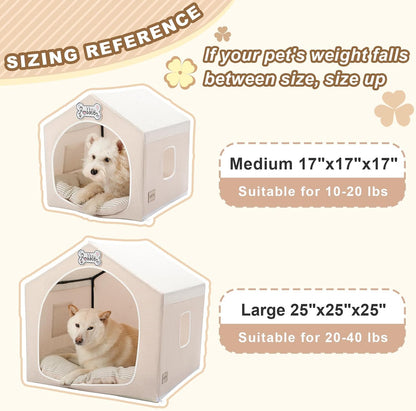 Jiupety Indoor Dog House with Frame, Cute Dog Tent Bed with Cover Cave, Breathable, Washable, and Foldable House, Suitable for 10-20 Lb Puppy and Cats, Medium (17"×17"×17"), Beige