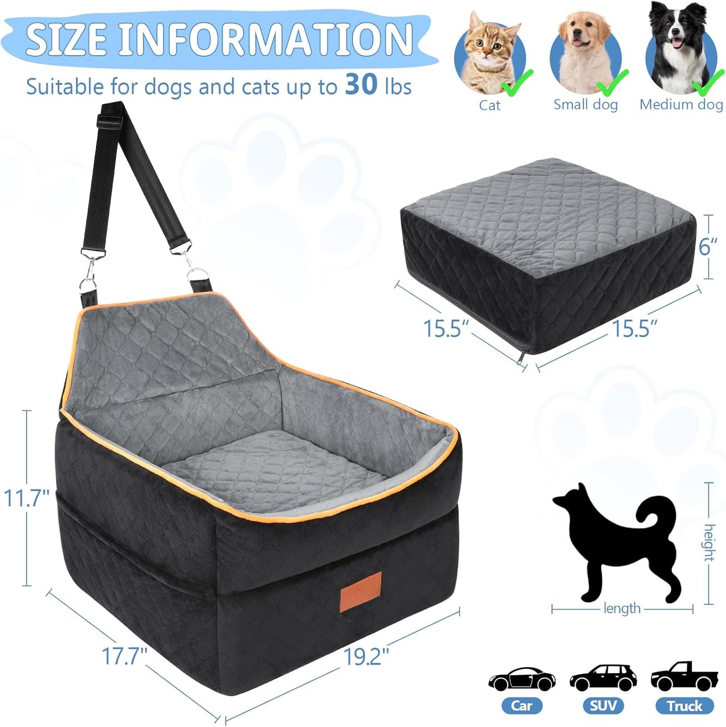 Dog Car Seat for Small Medium Dogs, Memory Foam Dog Booster Car Seat for Pets Under 35 lbs, Anti-Slip Pet Carseat with 2 Adjustable Leashes, Elevated Dog Travel Bed with Storage Pockets