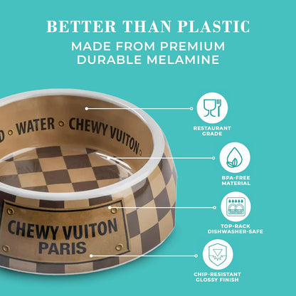 Haute Diggity Dog Checker Chewy Vuiton Dog Bowl & Placemat, BPA-Free Food & Water Bowls, Non-Skid, Dishwasher Safe, Includes Food Mat, Medium Size, Case of 2.