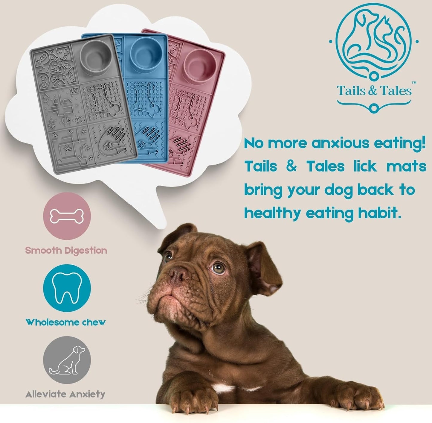 Tails & Tales Large Lick Mat for Dogs & Cats (11.2×16.7 in) with Strong Suction Cups, Slow Feeder Licking Pad for Anxiety Relief, Boredom & Bathing, Dog Enrichment Toy for Peanut Butter Yogurt (Gray)