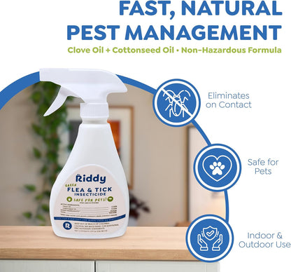 Riddy Flea & Tick Natural Spray for Pets with Essential Oils Safe Non-Hazardous Indoor and Outdoor Control, 8 oz