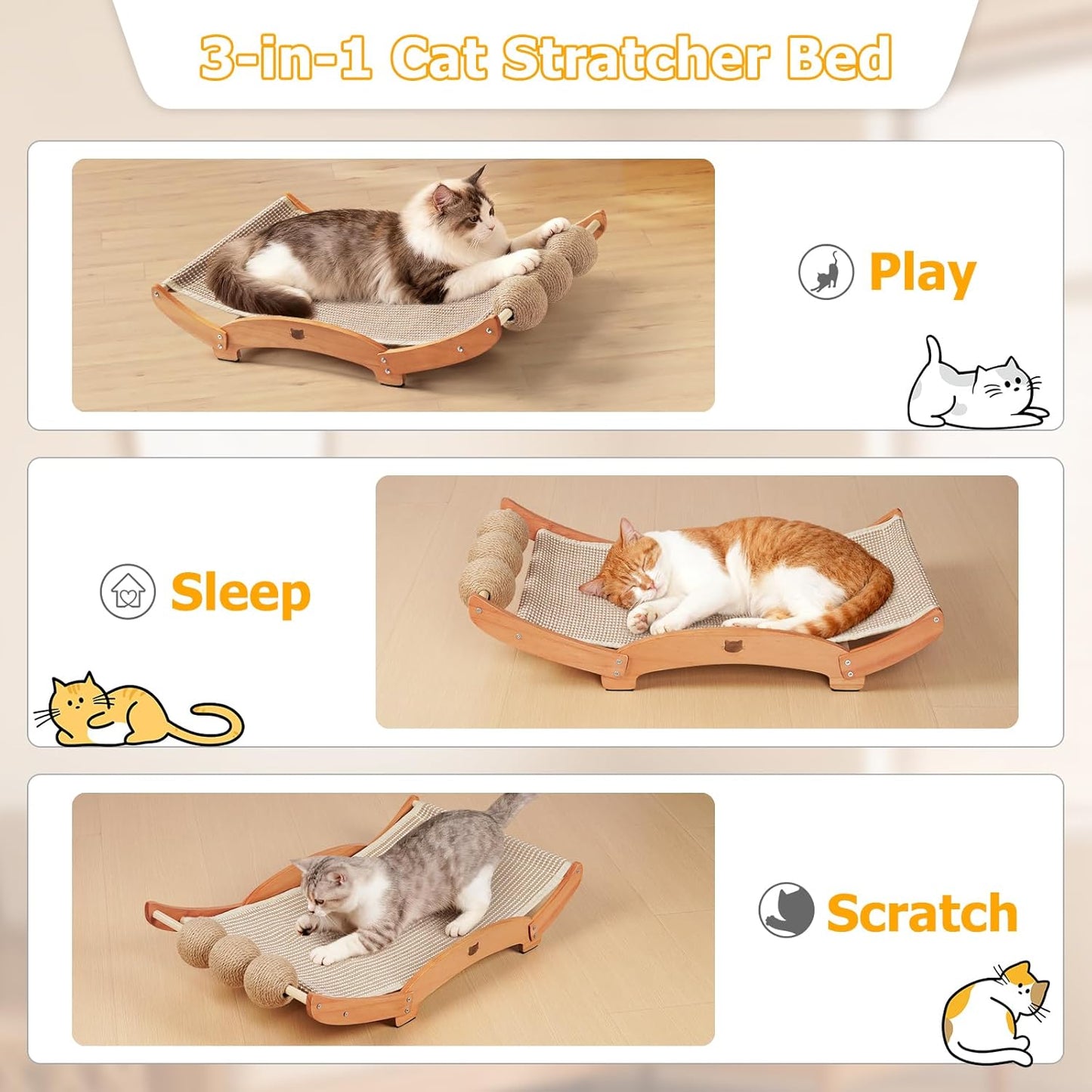 Extra-Larger Sisal Cat Scratcher Bed with Ball, 3-in-1 Cat Scratching Pad with Hammock, Natural Sisal with Solid Wood Frame Cat Scratch Post for Indoor Cats Lounger & Sleep & Scratch