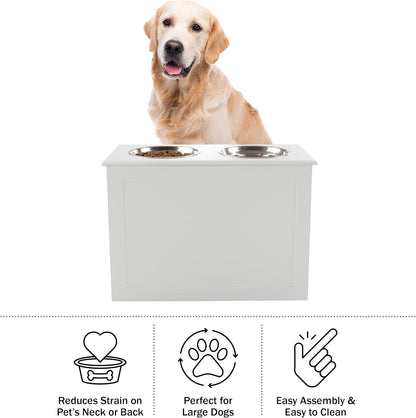 Elevated Dog Bowls with Storage - 16-Inch-Tall Feeding Tray with Hidden Storage Space for Pet Supplies - 50oz Capacity Bowls by PETMAKER (White)