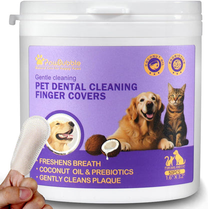 Pet Dental Finger Wipes,Teeth Cleaning Wipes for Dogs & Cats, Cats & Dogs Probiotic Teeth Wipes, Daily Oral Care for Plaque & Tartar Removal, Fresh Breath Support, 50 Count