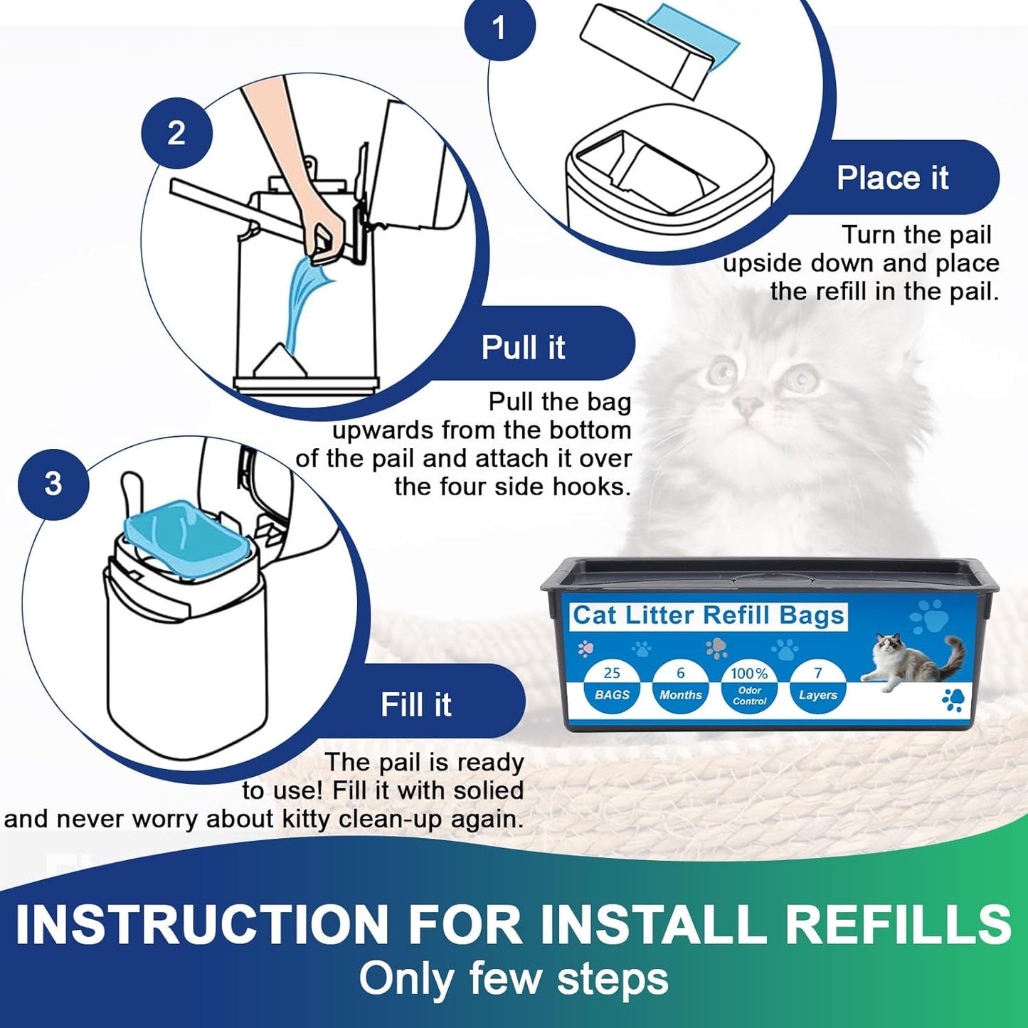 2 Pack Cat Litter Refill Bags Compatible with Litter Genie Easy Roll Pail,Lasting Refills,Leak-Proof & Easy-Tear,Ultimate Odor Control Cat Litter Bags,(50 Bags Total)