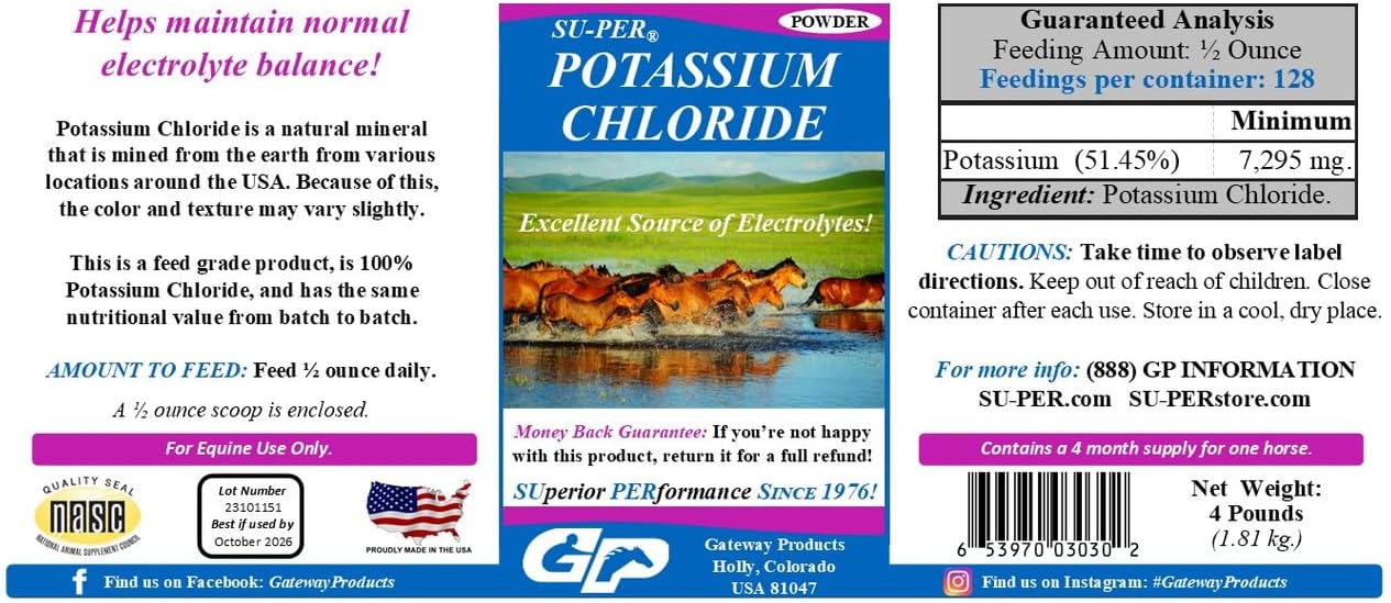 SU-PER Potassium Chloride Horse Electrolyte Supplement - Helps Maintain Normal Electrolyte Balance - 4 Pound, (2 Pack)