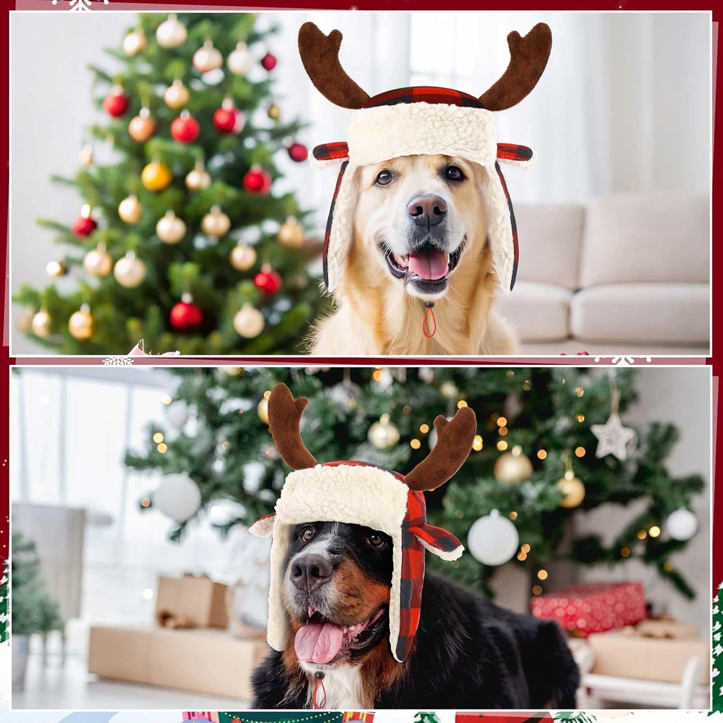 2 Pcs Christmas Antler Check Dog Santa Hat Adjustable Pet Red Plaid Pet Cap Xmas Antler Dog Hats for Small Medium Large Dogs(L)