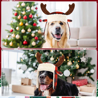 2 Pcs Christmas Antler Check Dog Santa Hat Adjustable Pet Red Plaid Pet Cap Xmas Antler Dog Hats for Small Medium Large Dogs(L)