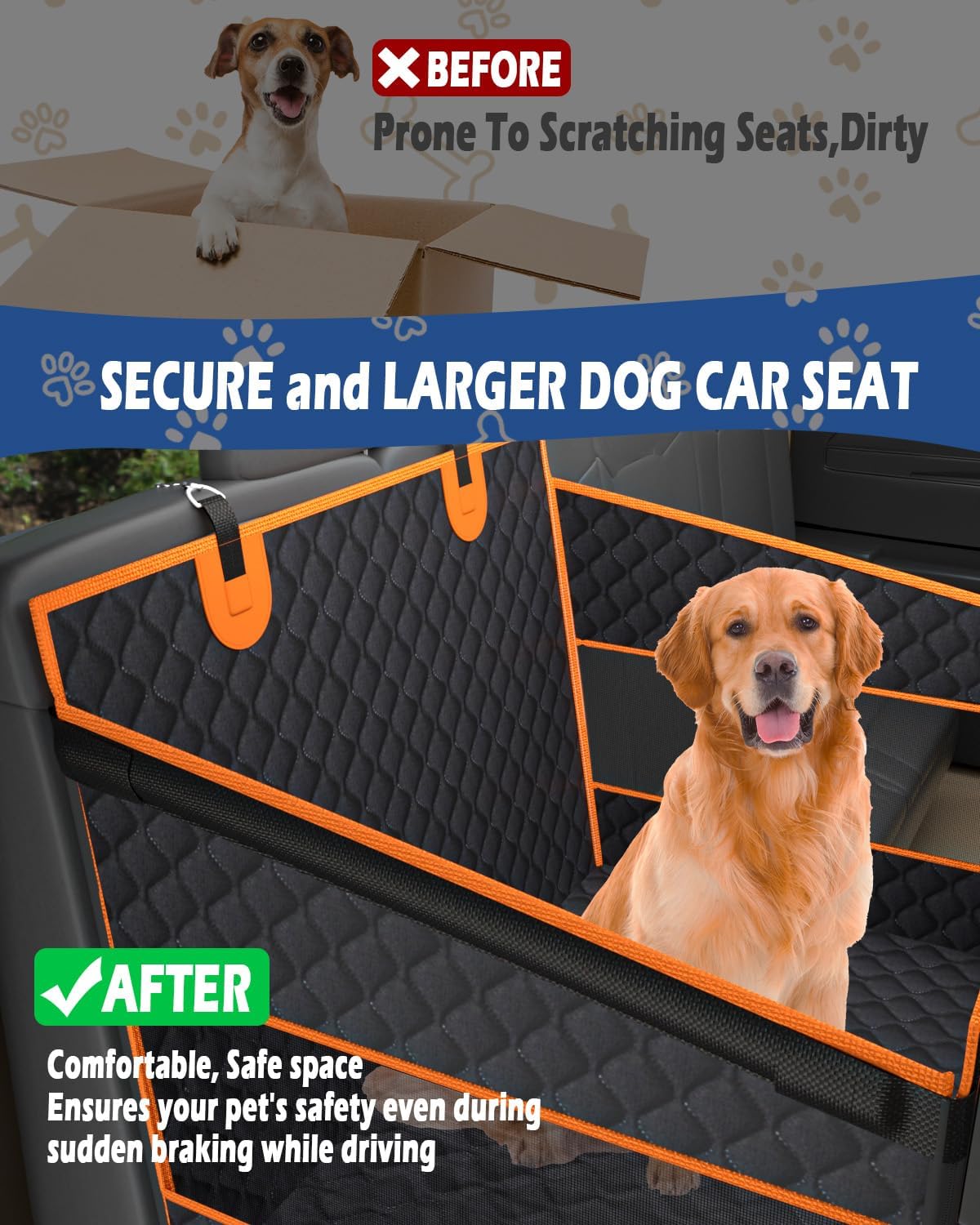 Toffos Dog Car Seat, Extra Stable Backseat Extender for Dogs with Hard Bottom, Waterproof and Foldable Design, Pet Car Seat with Breathable Mesh Window, Black