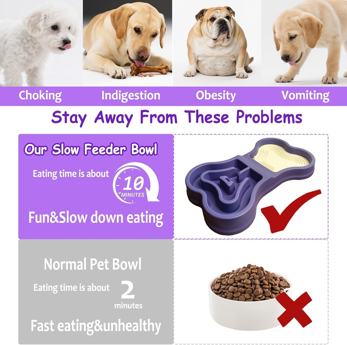 Bone Slow Feeder Bowl for Dogs Cats - 2-in-1 Lick Mat & Water Dish with 6 Non-Slip Pads, Food-Grade PP & Silicone Pet Bowl for Anti-Choking，Fun Feeding，Anxiety Relief (Purple)