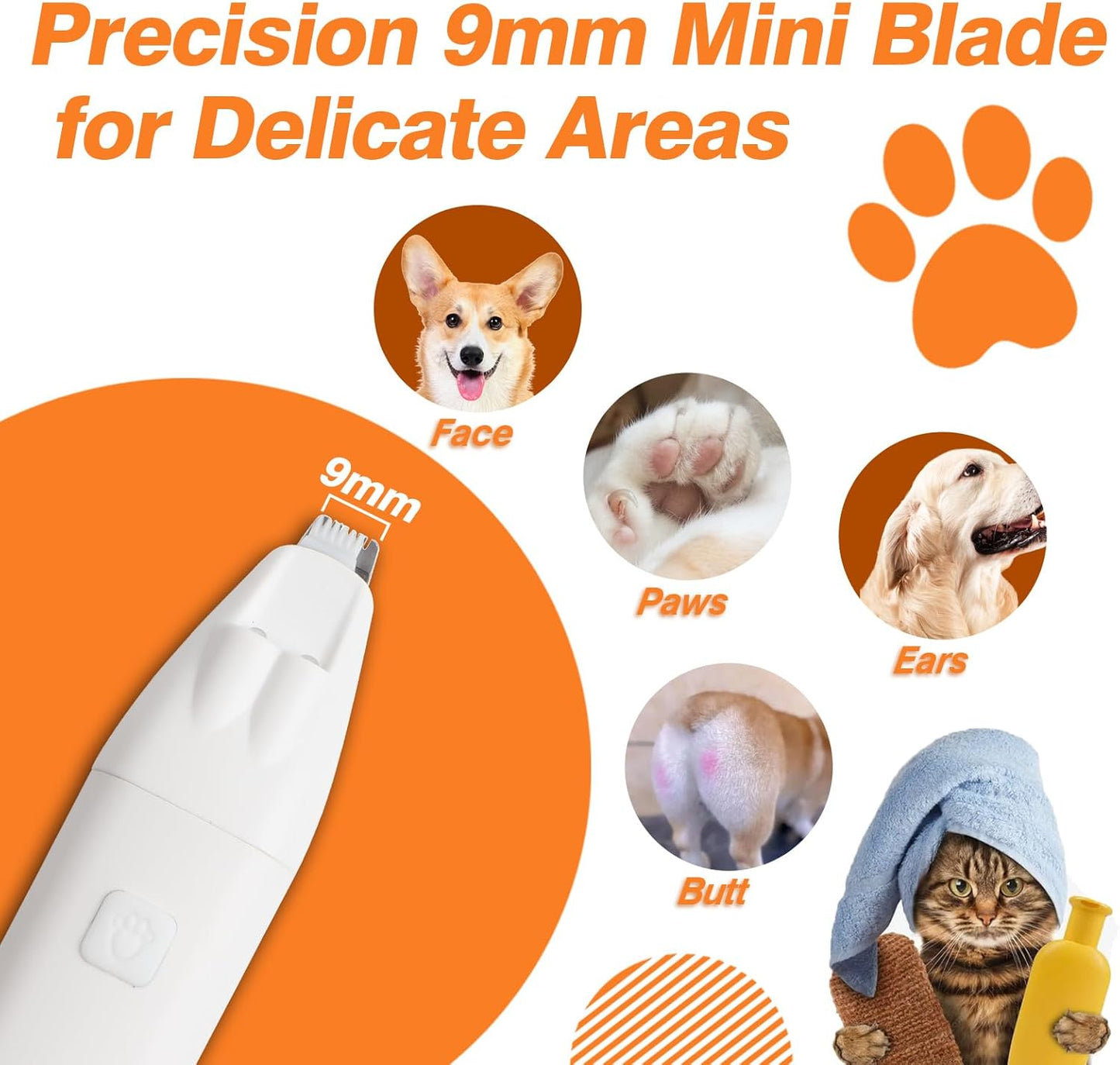 2025 Upgraded New Dog Paw Trimmer with LED Light,9mm Mini Blade,35 dB Quiet & Low Noise,Rechargeable,Electric Hair Clippers for Small Dogs & Cats,Face,Eyes,Ears and Rump