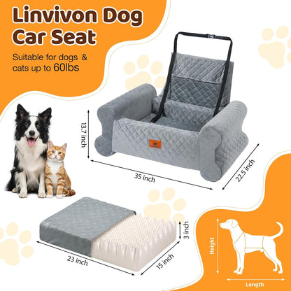 Dog Car Seat for Medium/Large Dogs up to 60 lbs, Memory Foam Dog Booster Seat with Thick Cushion, Pet Car Seat for Back with Detachable Washable Cover, Storage Pockets for SUV, Pick Up, Trunk, Grey