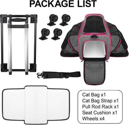 Pet Carrier with Wheels Up to 33 lbs Airline Approved Cat Carrier Rolling Pet Carrier w/Removable Wheels & Expandable Side Washable Plush Mat Pet Travel Carrier with Telescopic Handle & Shoulder Strap