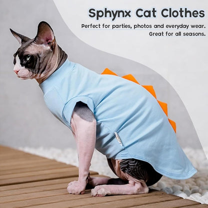 QBLEEV Sphynx Cat Clothes – Soft Cotton Dinosaur Shirt for Hairless Cats Only, Breathable Pet Daily Wear Apparel for Summer, Kitten Costume Pajamas for Indoor/Outdoor Use, XS-2XL